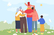 Warm, Multi-generational Family Back View Enjoys Serene Day Outdoors, Embracing Each Other While A Child Joyfully Rides