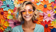 © jeepbabes - blonde, frau, vor, Blumenhintergrund, Blumenwand, neu, close up, sonnebrille, copy space, viele blumen, modern, lachend, floral, frühling, sommer, reklame, werbung
