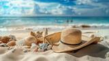 Fototapeta  -  Beach, sand, atraw hat with copy space. summer vacation concept.