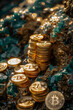 Golden stacks of cryptocurrency Bitcoin. Financial and money background