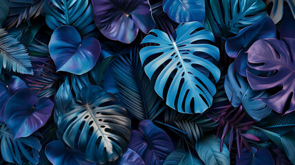 Wall Mural - an array of tropical leaves in shades of blue and purple against a dark background