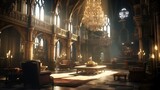 a scene featuring a grand, gothic-inspired living space, complete with towering ceilings, a flickering fireplace, opulent chandeliers, and decadent rococo detailing throughout