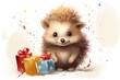 Watercolor illustration of a cute hedgehog with birthday gifts. Greeting card, poster, banner for children