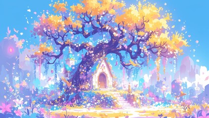 Wall Mural - Colorful cartoon style tree with flowers and fairy castle 