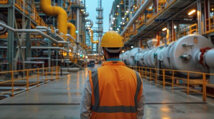 Fototapete - An engineer looking at his factory. The view is from behind him with focus on the factory. Generative AI.
