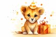 Illustration of cute lion with birthday gift. Greeting birthday card, poster, banner for children