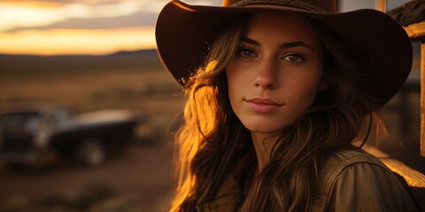 Sticker - Captivating portrait of a woman in a cowboy hat during a stunning sunset