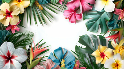 Wall Mural - a variety of tropical flowers and leaves surrounding a blank white center.