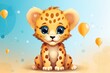 Illustration of cute leopard with colorful balloons. Greeting birthday card, poster, banner for children