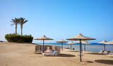 Fototapeta Mosty linowy / wiszący - Beautiful sandy beach with sun loungers and umbrellas, Marsa Alam region, Egypt.
