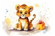 Illustration of cute tiger with birthday gift. Greeting birthday card, poster, banner for children