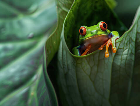 A Red-eyed tree frog on a leaf with blurred background