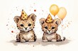 Illustration of cute leopards with colorful balloons. Greeting birthday card, poster, banner for children