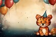 Illustration of cute tiger with colorful balloons. Greeting birthday card, poster, banner for children