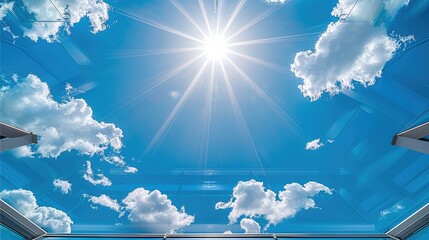 Aufkleber - A Diagonal bottom view from inside a transparent polycarbonate roof terrace with a radiant glimpse of a sky. Bright sunny day. Generative AI.