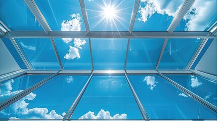 Aufkleber - A Diagonal bottom view from inside a transparent polycarbonate roof terrace with a radiant glimpse of a sky. Bright sunny day. Generative AI.