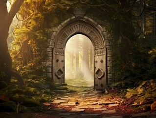 Wall Mural - Mysterious stone archway leading to a magical forest