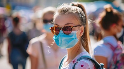 A woman wearing a face mask and sunglasses outdoors.