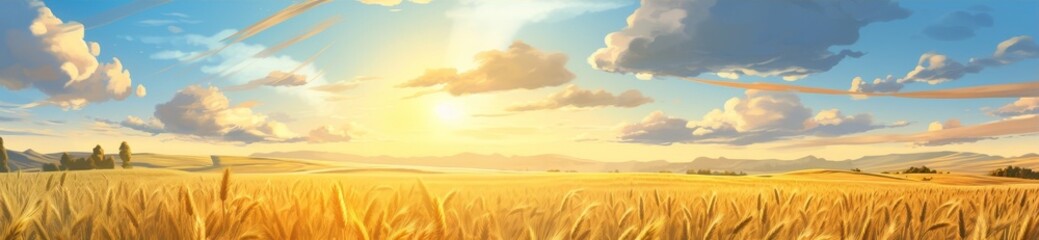 Wall Mural - Scenic golden wheat field under dramatic sky at sunset