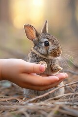 Wall Mural - a child plays with a small rabbit in nature