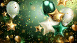 © lucas - Celebration party banner background with green, gold white balloons, carnival, festival or birthday balloon green background