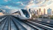 © Irina Ukrainets - Modern high-speed train speeds through a futuristic cityscape. Sleek public transportation concept. Environmental friendly travel choice. Urban development and technology. AI