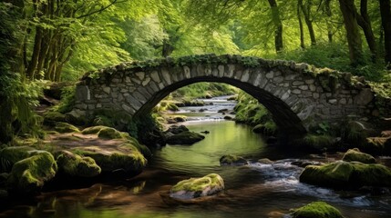 Wall Mural - Serene stone bridge over mossy creek in lush forest