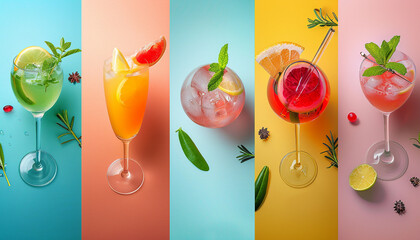 Canvas Print - Collage of cold summer cocktails on color background