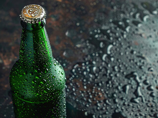 Wall Mural - green beer bottle with raindrops, copy space