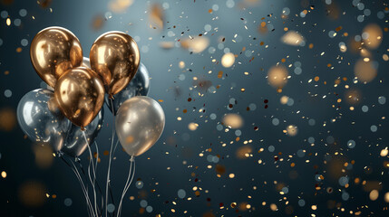 Wall Mural - sliver and gold balloons with confetti on dark blue background