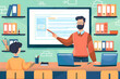 Illustration of young cheerful teacher man with the monitor, online blackboard and student in the classroom with laptops. Happy teachers day and online education concept in vector style.