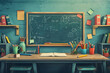 Chalkboard, blackboard background mockup illustration with school supplies, equipment, items, things and teacher table. Back to school or happy teachers day concept with copy space in vector style.