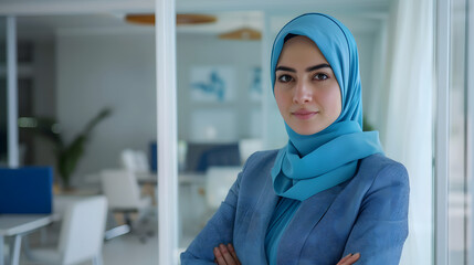 muslim business woman with headscarf, wearing blue business attire, standing in front of glass door in white modern office space