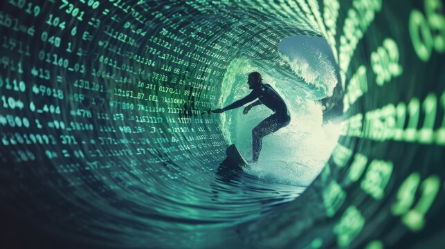 Businessman surfs through cyberspace, depicted as waves of glowing binary code