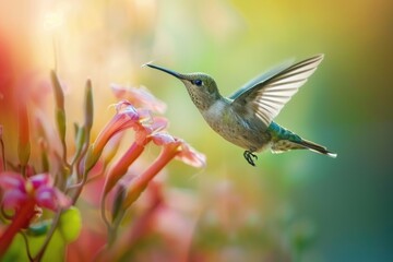 Wall Mural - A beautiful hummingbird in flight over a vibrant pink flower. Suitable for nature and wildlife concepts