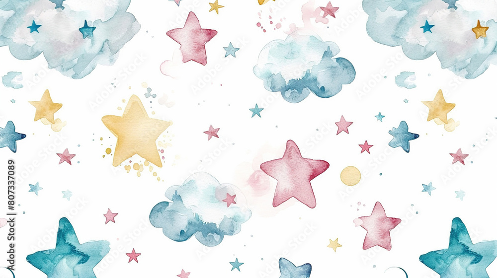 Seamless pattern with clouds and stars for a children's room in pastel ...