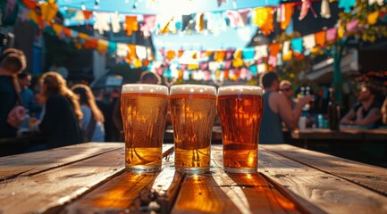 Wall Mural - Three Glasses of Beer on Wooden Table