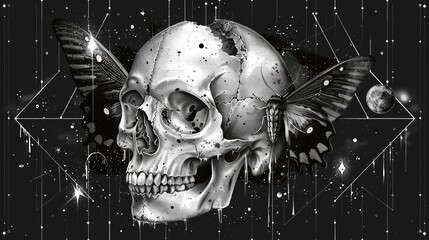 An abstract design of a skull with a hawk moth and sacred geometric elements, hipster triangles, mystical symbols. Modern monochrome art based on tattoos, isolated on white.