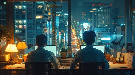 At night in a modern office has two Asian males with their backs to the camera as they go about their business, with invoices on their desks. Generative AI.