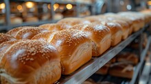 Freshly Baked Loaves Of Bread Lined Up In A Bakery, Golden Brown With Sesame Seeds