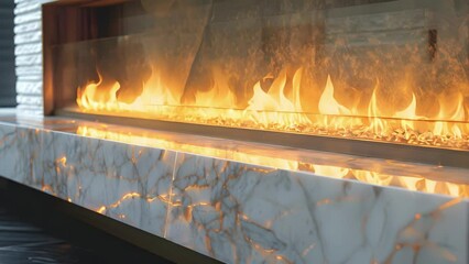 Wall Mural - The flickering flames dance behind the glass doors of the fireplace while the marble surround reflects the light creating a mesmerizing display. .