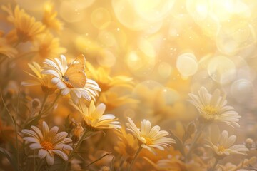 Wall Mural - Daisies and calendula flowers in a field under golden sunlight with a butterfly resting on a bloom
