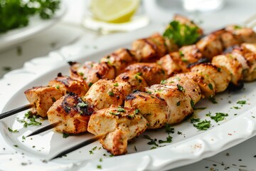 Wall Mural - Freshly grilled chicken skewers, golden-brown and juicy, arranged on a clean white plate