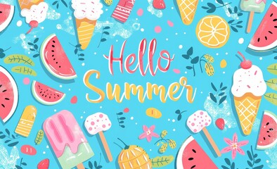 Wall Mural - Colorful summer wallpaper pattern in cartoon style and text 