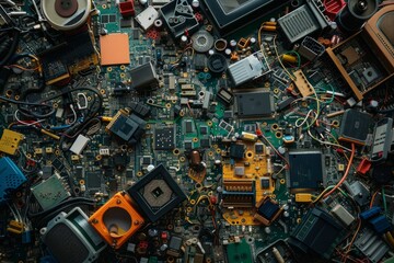 Wall Mural - A colorful array of circuit boards, wires, and electronic gadgets piled on top of each other on a table