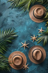 Wall Mural - Blue Background With Hat and Palm Leaves