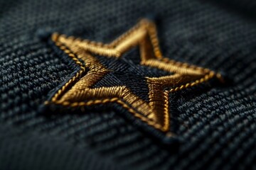 Detailed close-up of a gold star embroidered badge on blue jeans, showcasing intricate stitching and texture