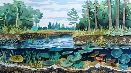 Wall Mural - A detailed papercut of a coastal ecosystem transitioning from land to submerged environments, showing habitat loss.