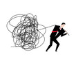 Businessman pulls tangled ball. Concept to untangle thoughts