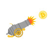 Bitcoin growth. Ancient cannon shoots bitcoin. Cannon with gun carriage shot cryptocurrency. Carriage gun icon